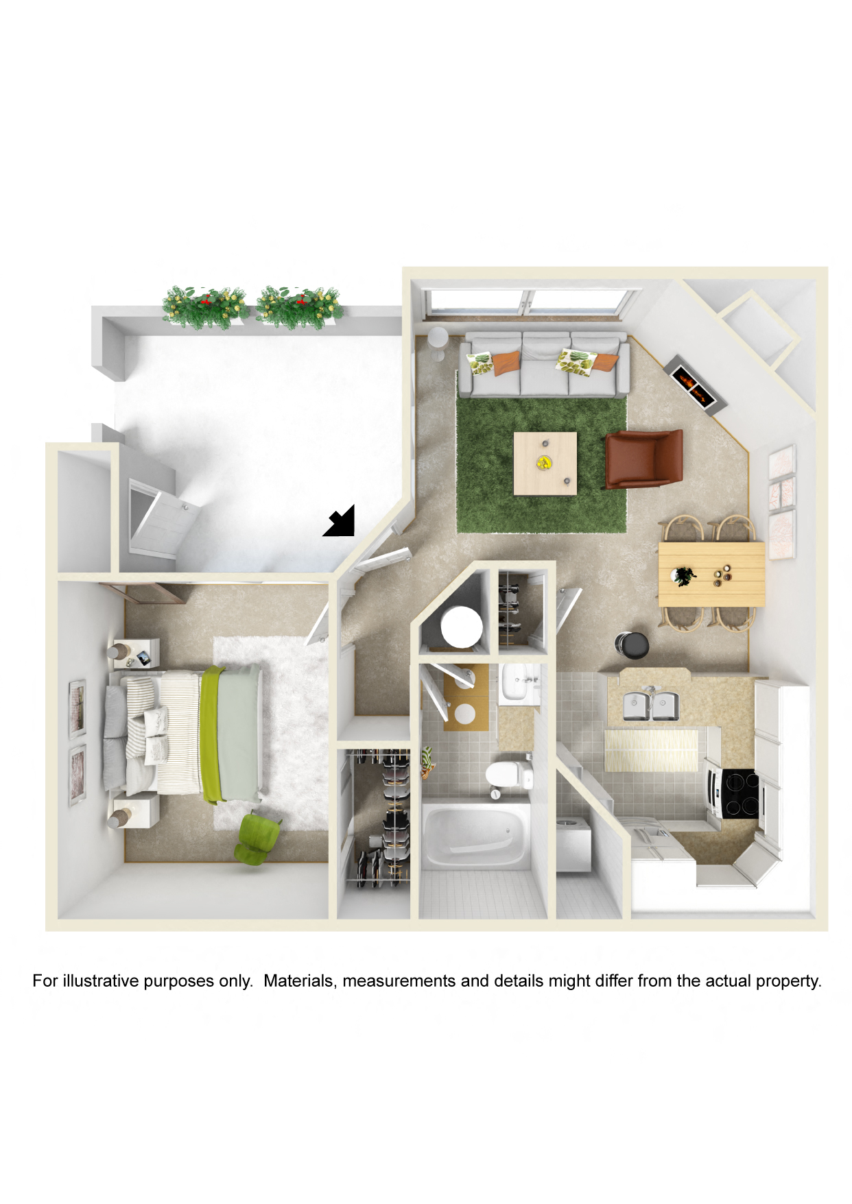 Floor plan for 1 bed, 1 bath, 605 sqft